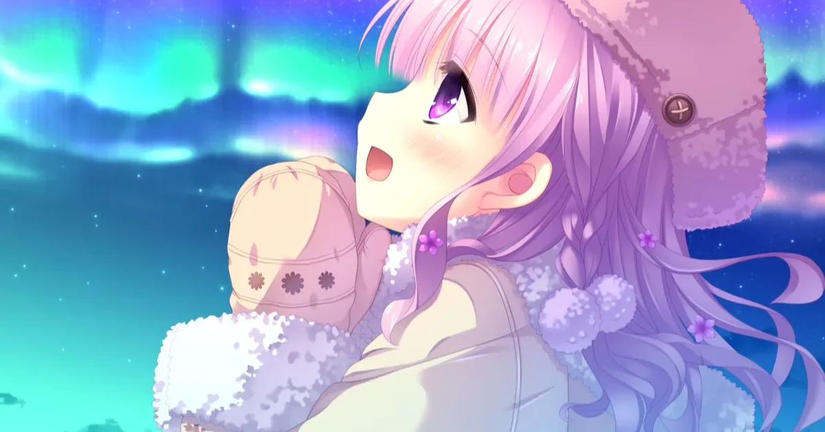 Nhân vật chibi tóc tím ôm thú bông dưới bầu trời đêm