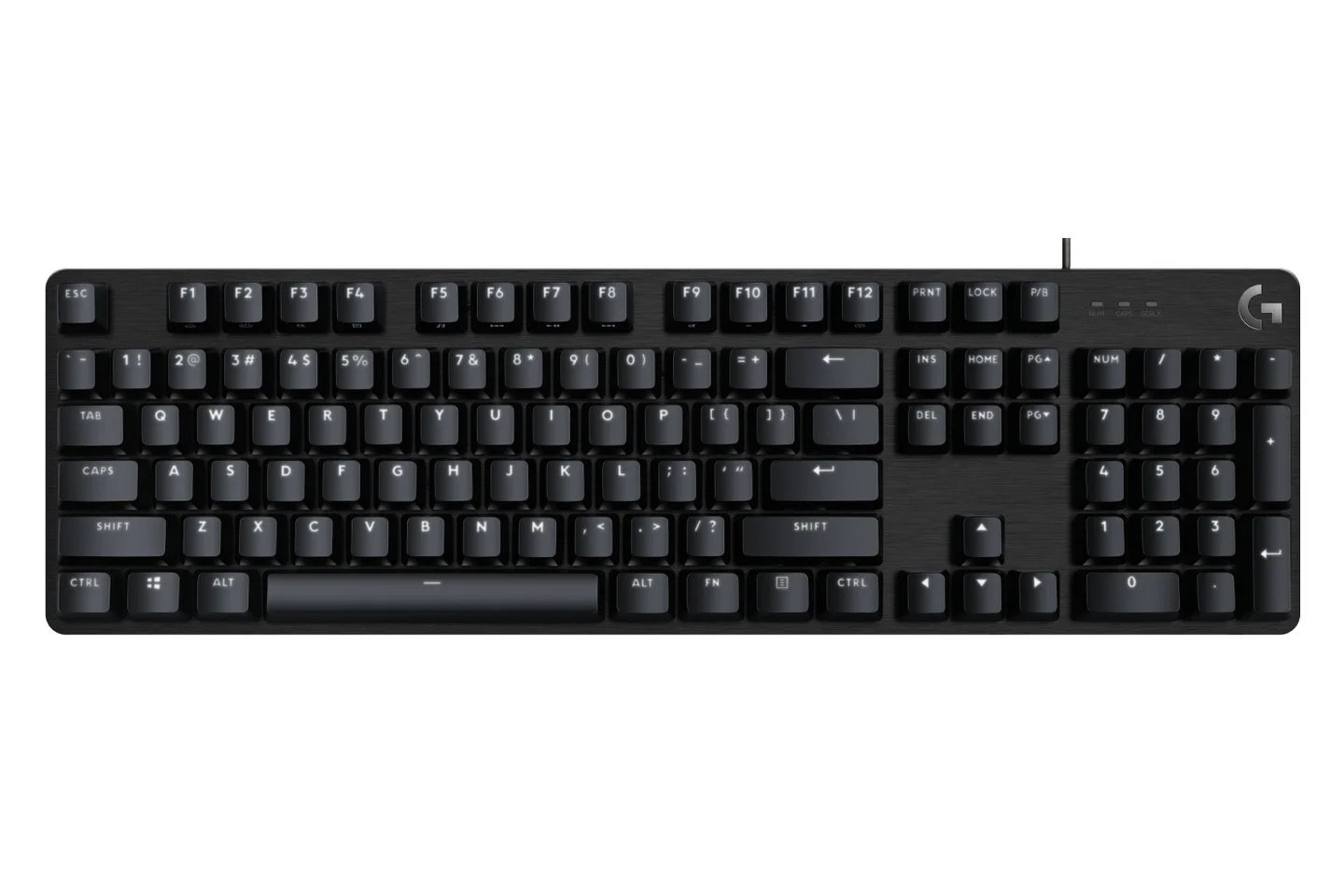 ảnh bàn phím cơ Logitech G màu đen full-size chụp từ trên xuống trên nền trắng tinh khiết