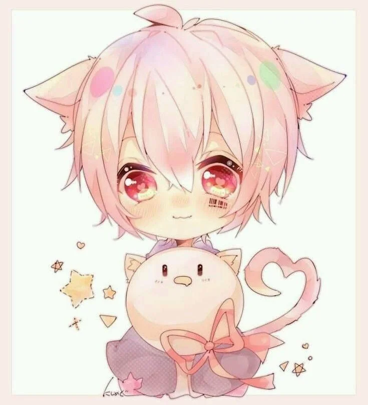 hình ảnh cute chibi mèo tóc hồng mắt đỏ dễ thương