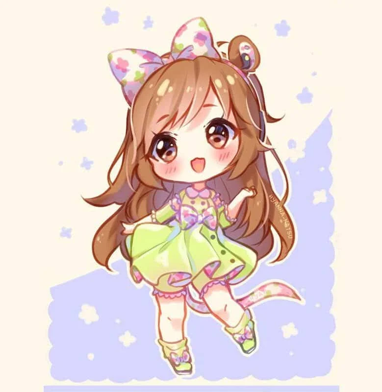 hình ảnh cute cô bé chibi tóc nâu váy xanh dễ thương
