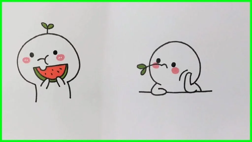 Hình vẽ cute đơn giản nhân vật tròn đang ăn dưa hấu