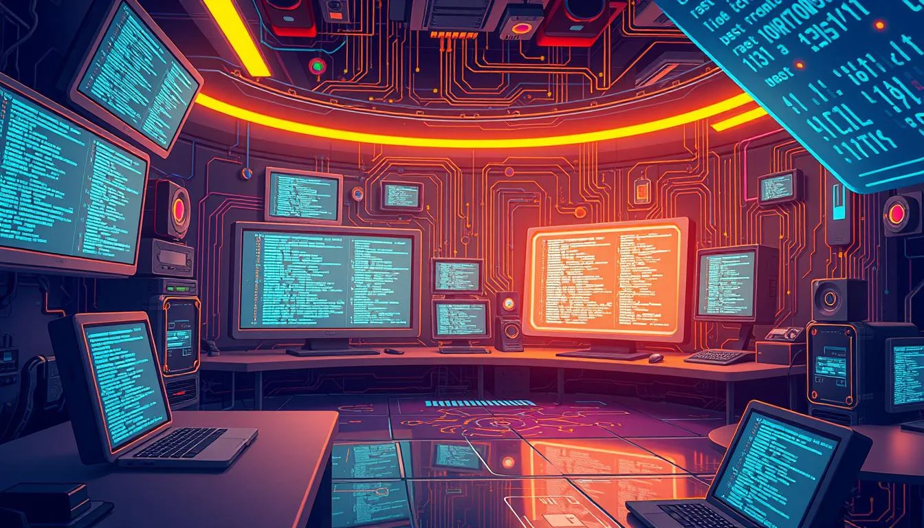 Ảnh meme hài bựa về phòng máy tính cyberpunk với hàng loạt màn hình hiển thị mã lập trình và ánh sáng neon