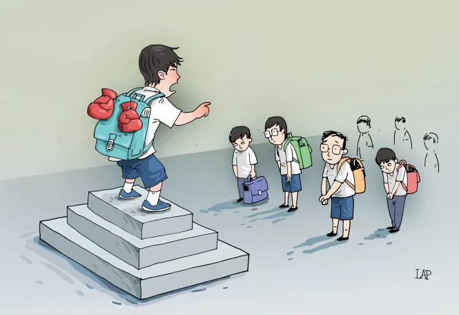 tranh minh họa học sinh bắt nạt bạn trong trường