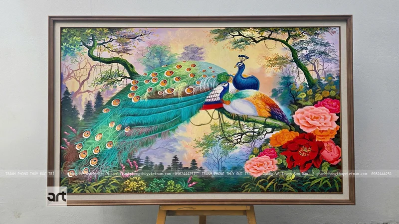 Tranh phong thủy đôi chim công và 8 bông hoa mẫu đơn