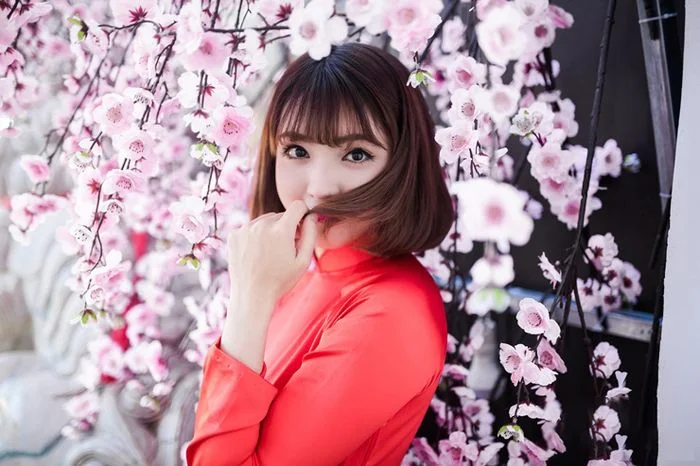 Cô gái mặc áo dài đỏ đứng dưới hoa anh đào