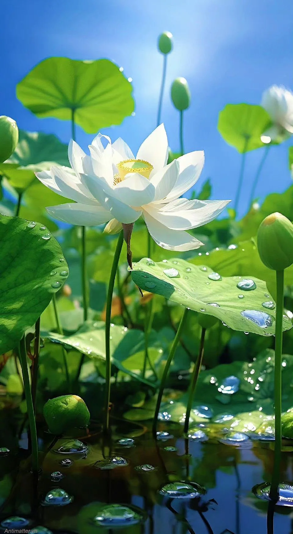Hoa sen trắng nở bên lá sen và giọt nước dưới bầu trời xanh