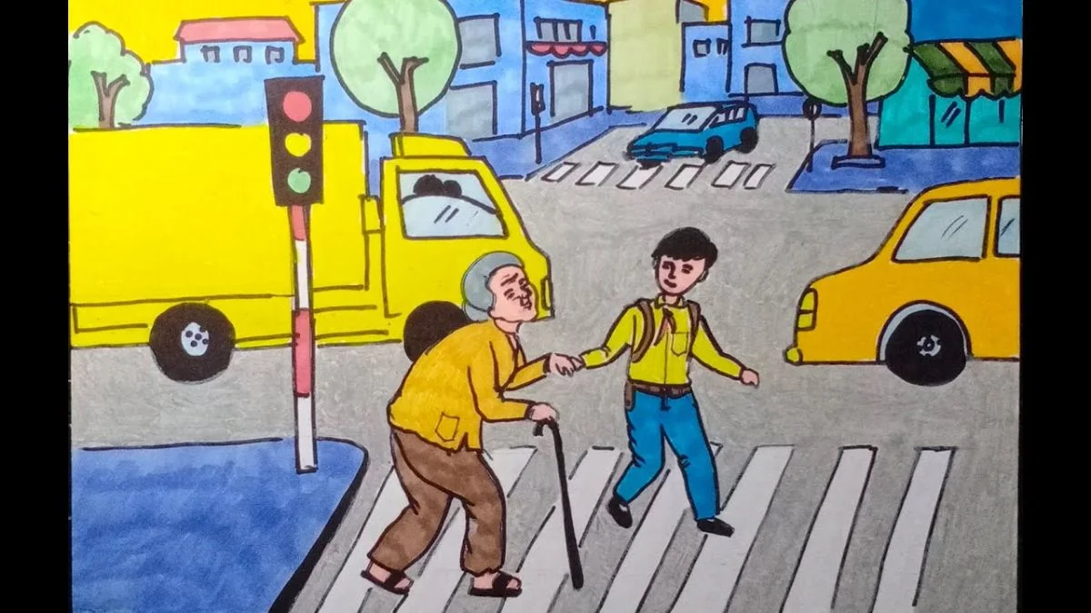 Vẽ tranh chủ đề an toàn giao thông sinh động. (2)