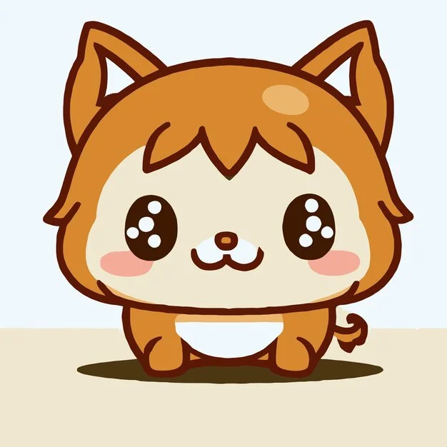 Hình vẽ cute chú cáo chibi màu cam với đôi mắt long lanh, má hồng và chiếc đuôi cong trên nền pastel