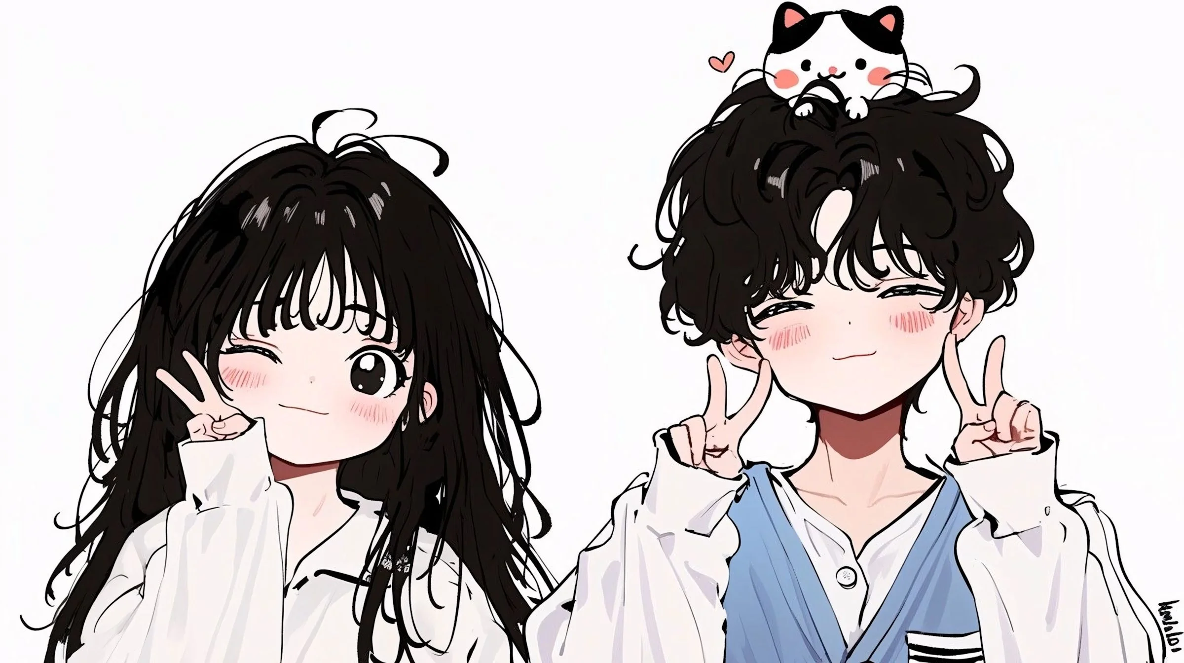 Hình vẽ cute hai nhân vật anime chibi nam nữ tạo dáng chữ V cùng chú mèo trên nền trắng