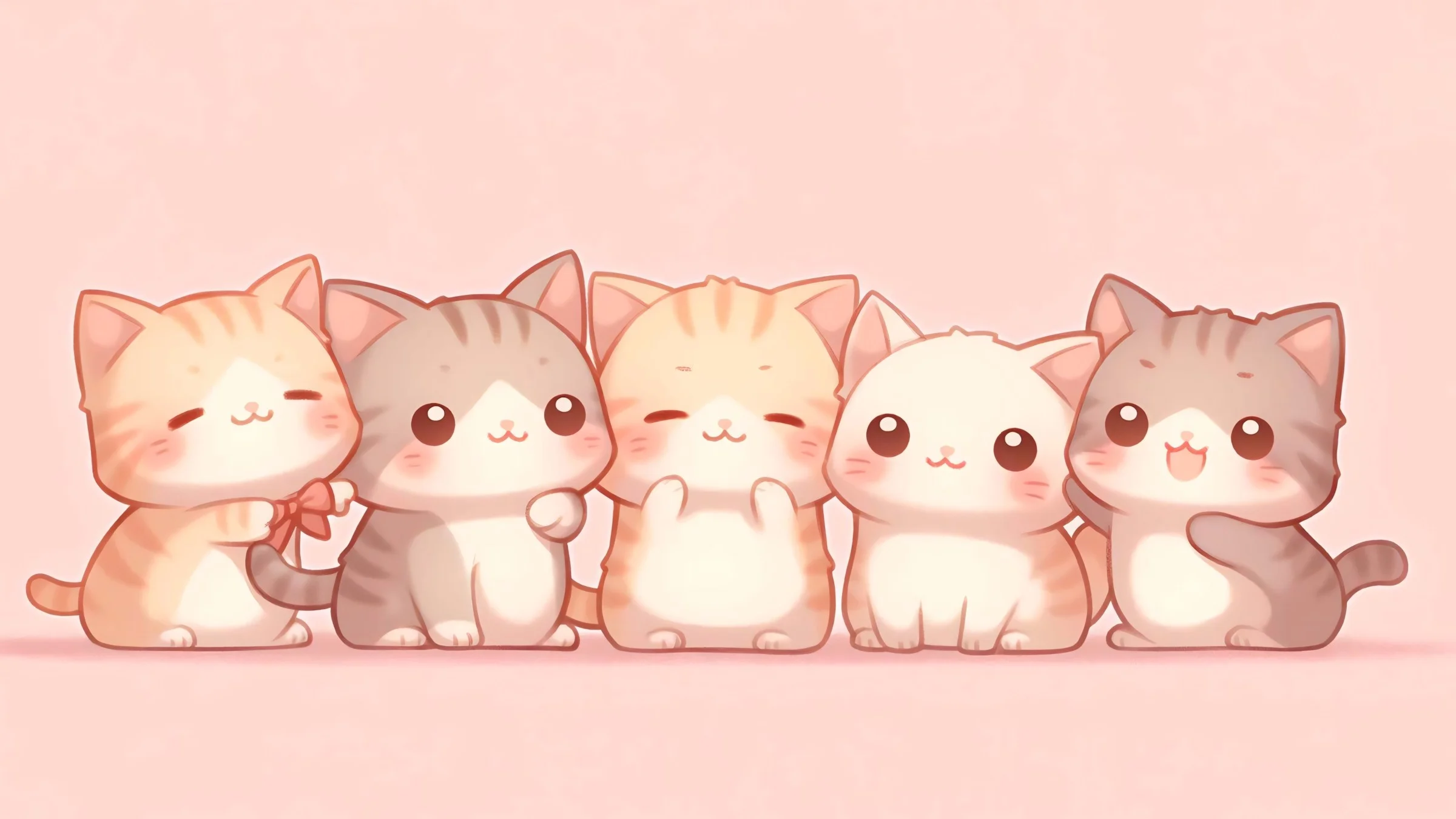 Hình vẽ cute gồm năm chú mèo hoạt hình đáng yêu với nhiều màu sắc và biểu cảm trên nền hồng pastel