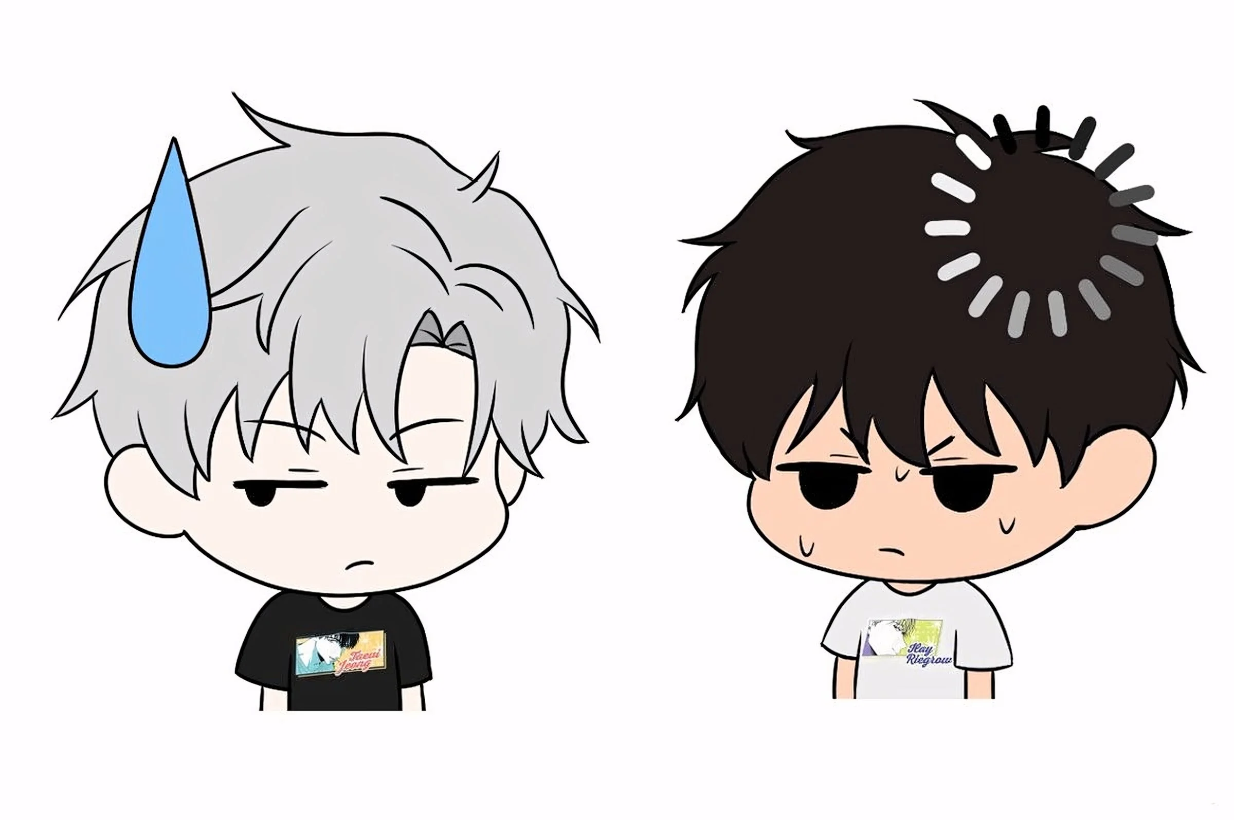 Hình vẽ cute hai nhân vật chibi nam với biểu cảm căng thẳng trên nền trắng