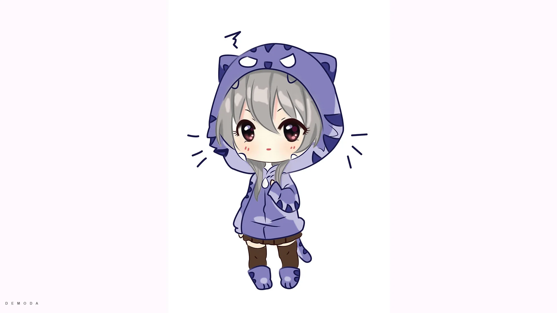 Hình vẽ cute chibi cô bé mặc áo khoác hình thú màu xanh tím