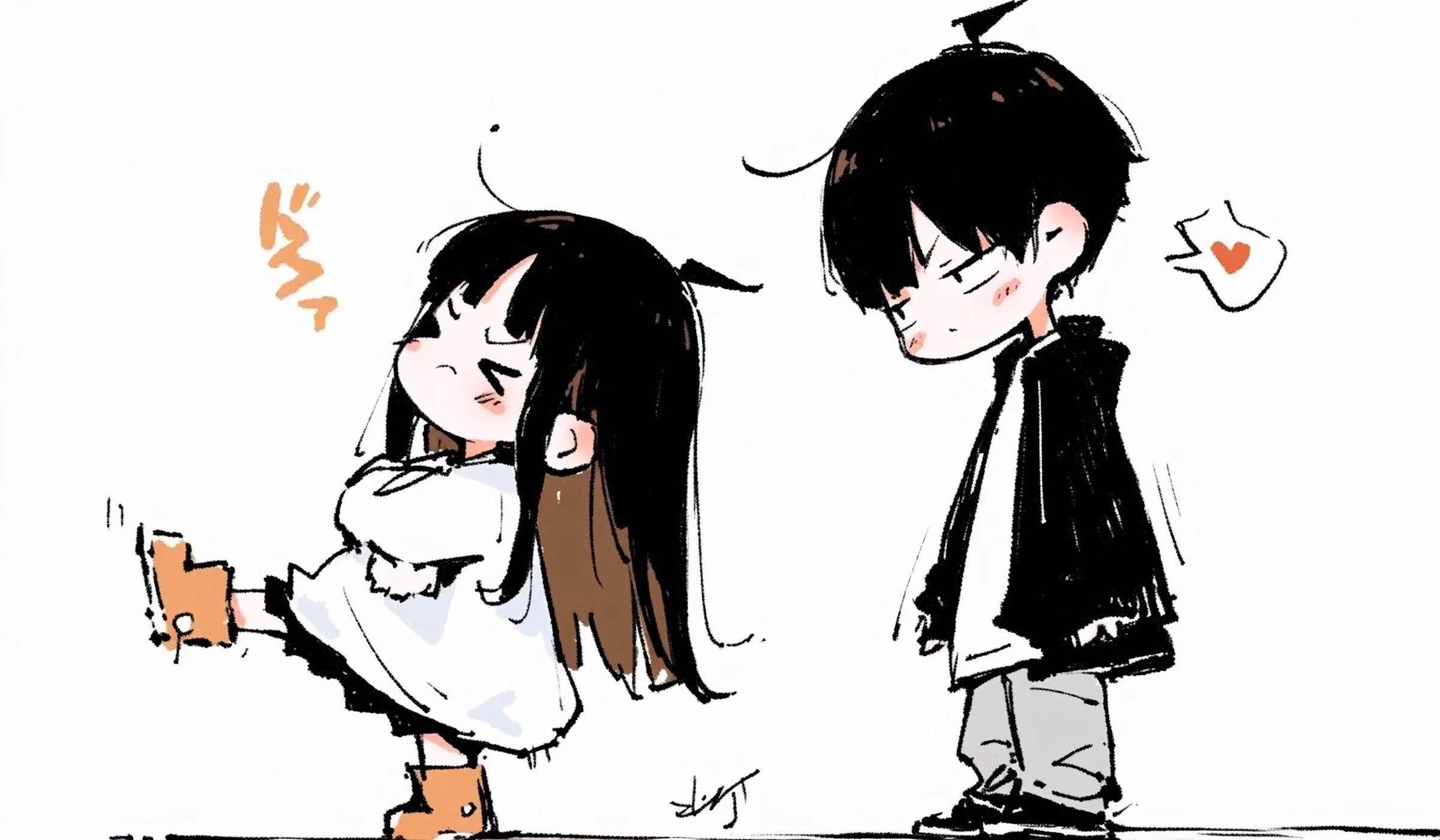 Hình vẽ cute đôi bạn trẻ anime với cô gái cầm túi màu cam