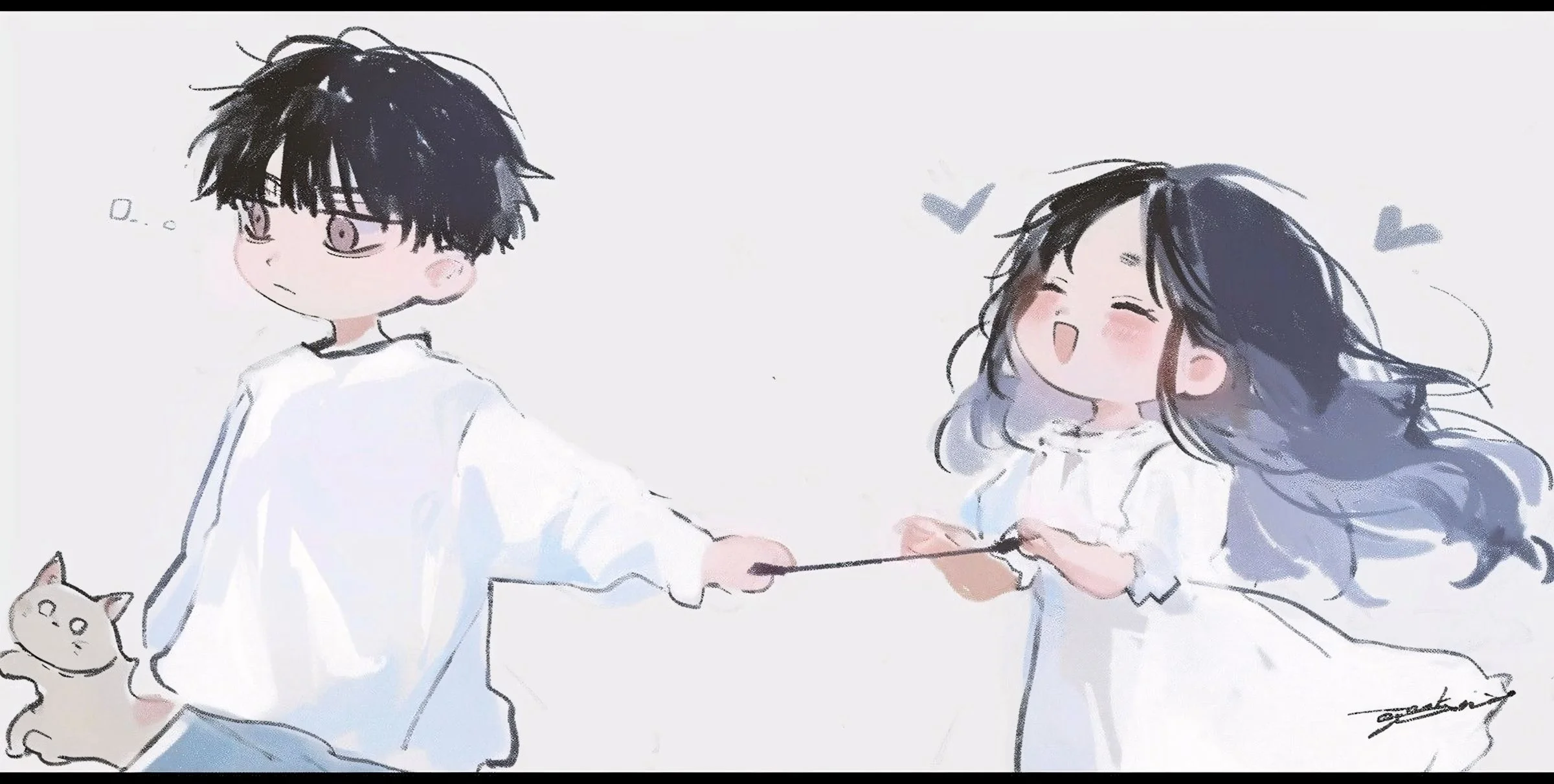 Hình vẽ cute đôi bạn trẻ anime nắm tay nhau bên chú mèo