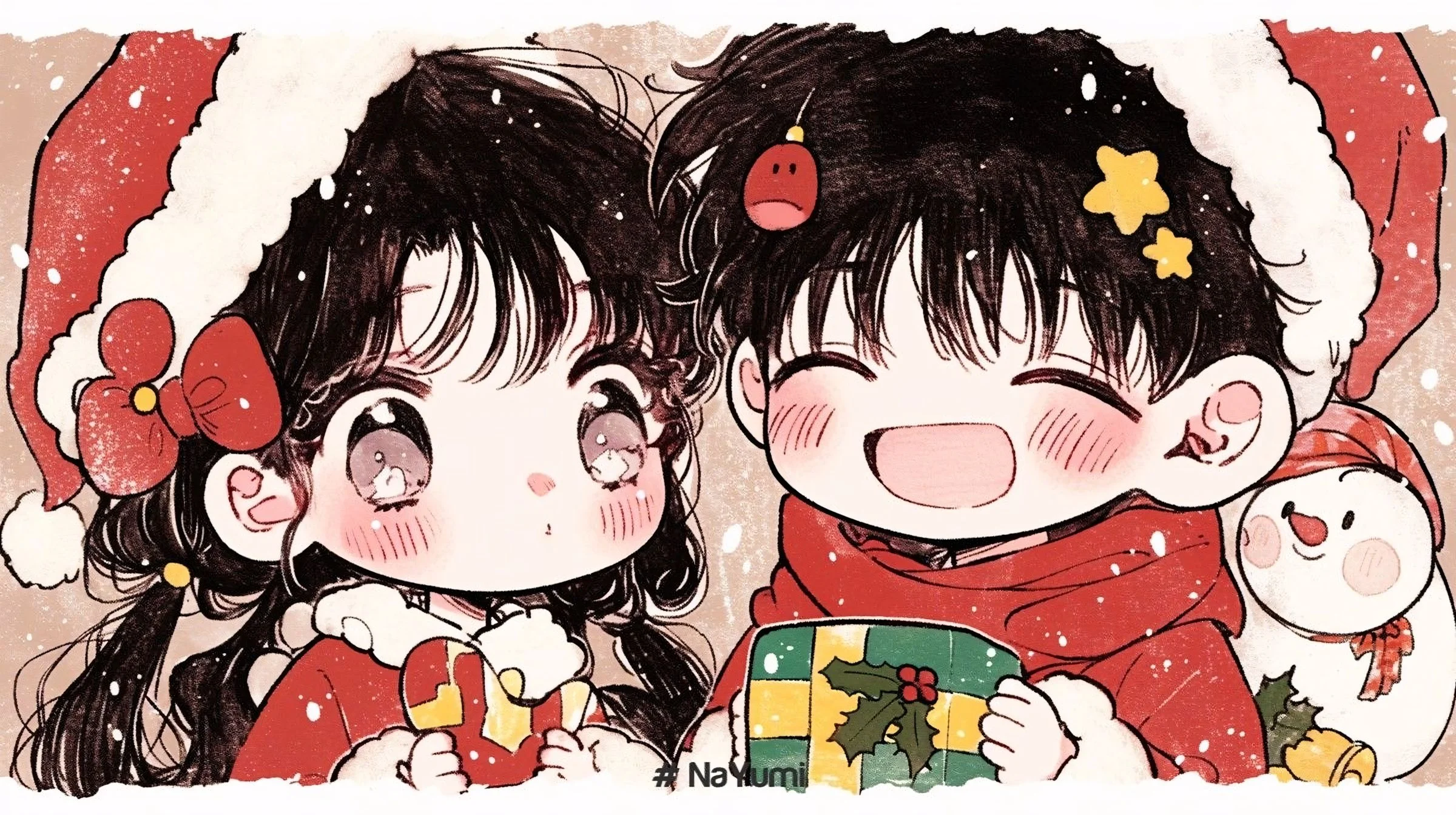 Hình vẽ cute hai nhân vật chibi đón Giáng sinh cùng người tuyết trong khung cảnh tuyết rơi