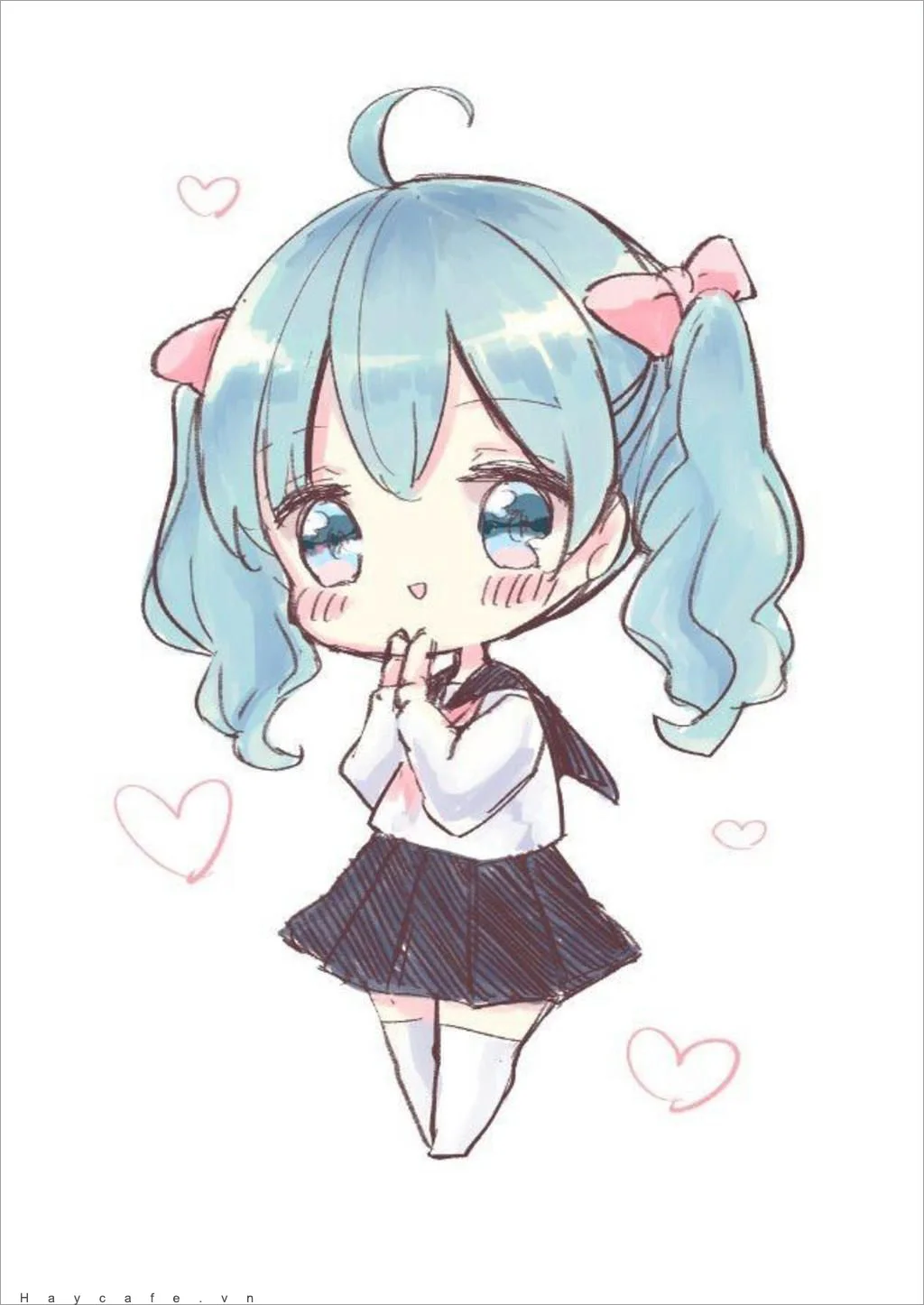 Hình vẽ cute cô gái anime chibi tóc xanh buộc hai bên, mặc đồng phục thủy thủ và đứng giữa những trái tim màu hồng