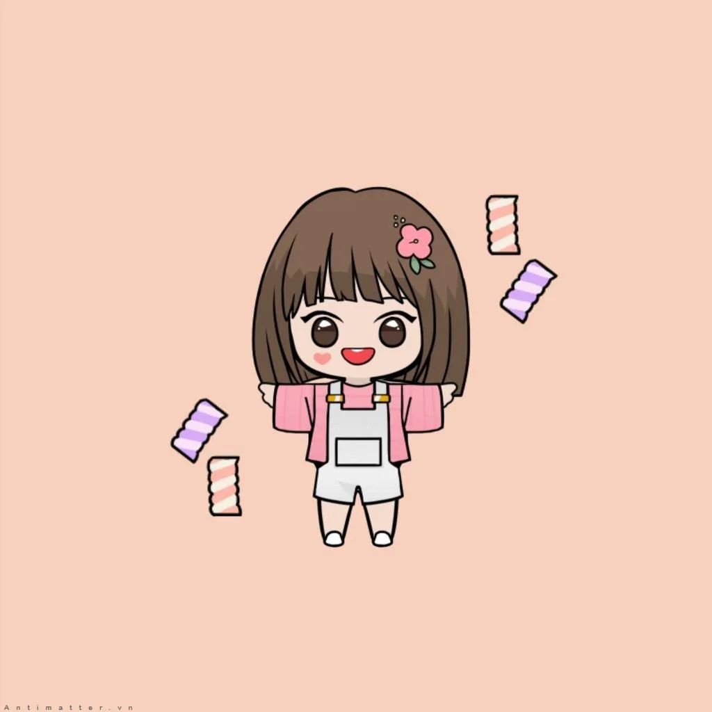 Hình vẽ cute chibi bé gái tóc nâu mặc áo hồng giữa những viên kẹo nhiều màu