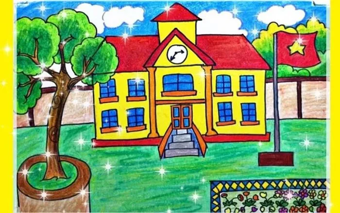 Tranh vẽ ngôi trường của em hiện lên với vẻ đẹp giản dị mà đầy cảm xúc, khắc họa nên không gian học đường đầy ắp kỷ niệm.