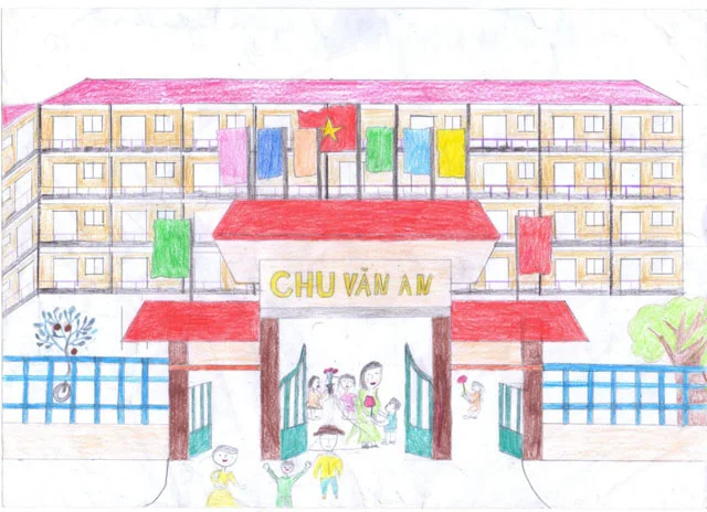 Bức tranh vẽ ngôi trường Chu Văn An với cổng trường và học sinh vui chơi