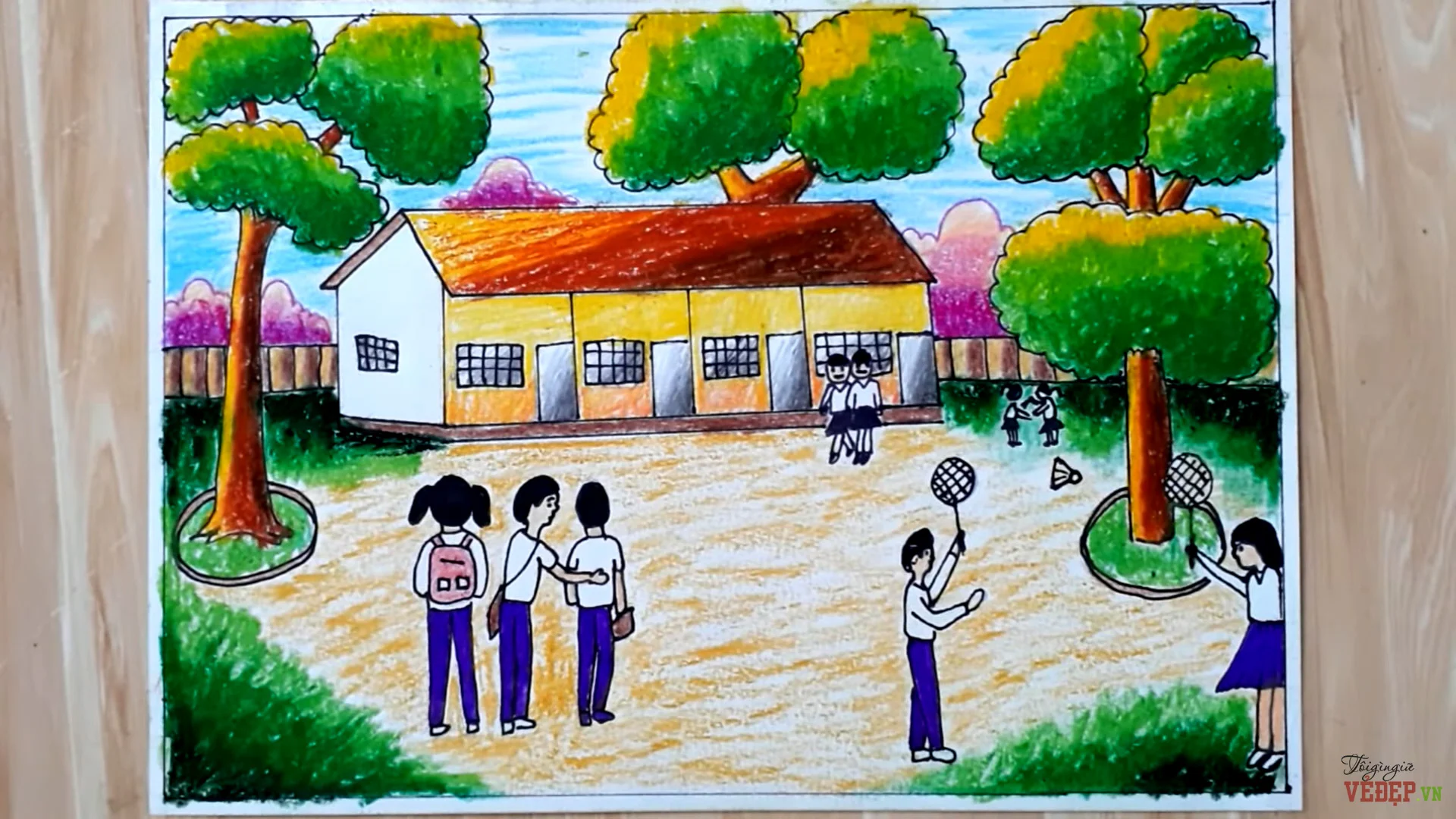 Tranh mẫu 12: Vẽ trường học đơn giản