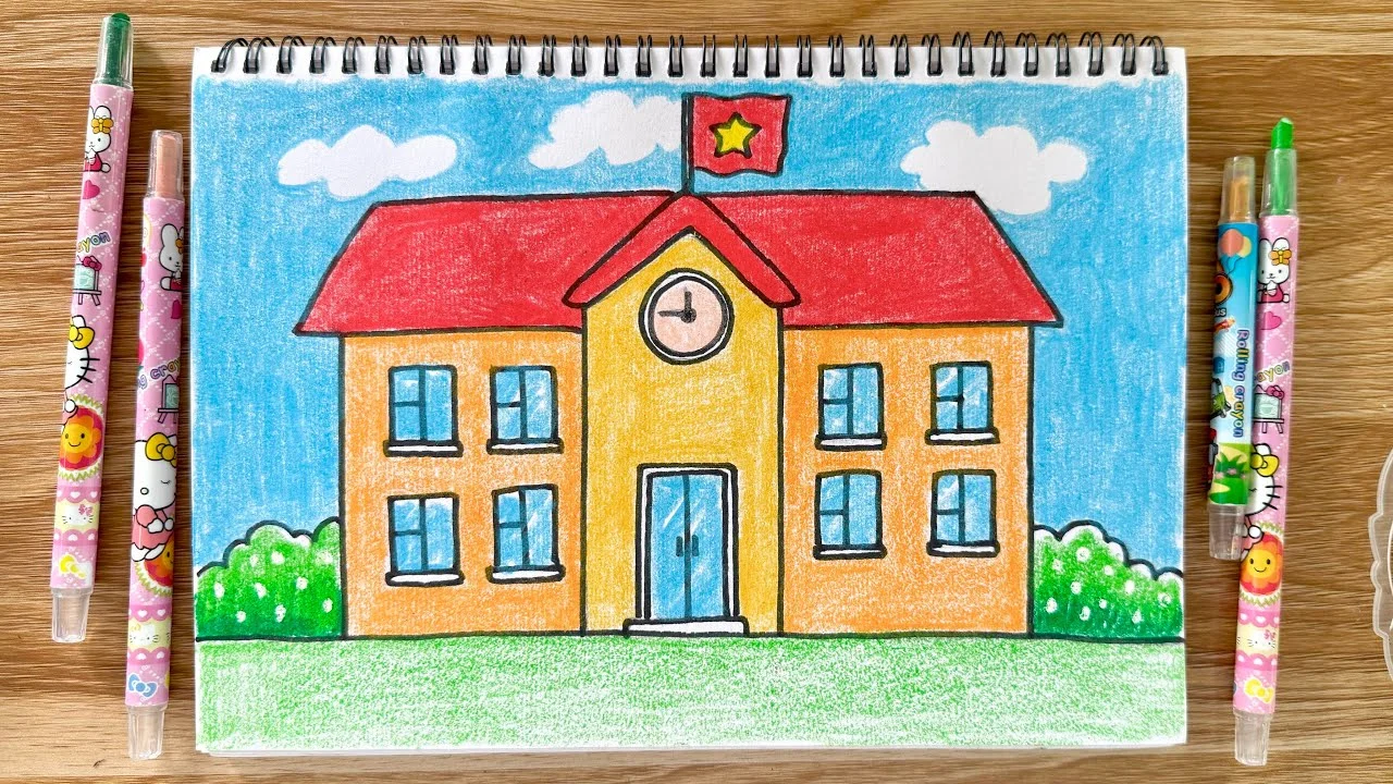 Hướng dẫn vẽ trường học | Cách vẽ ngôi trường thân yêu của em #vetranh #truonghoc #drawing #draw