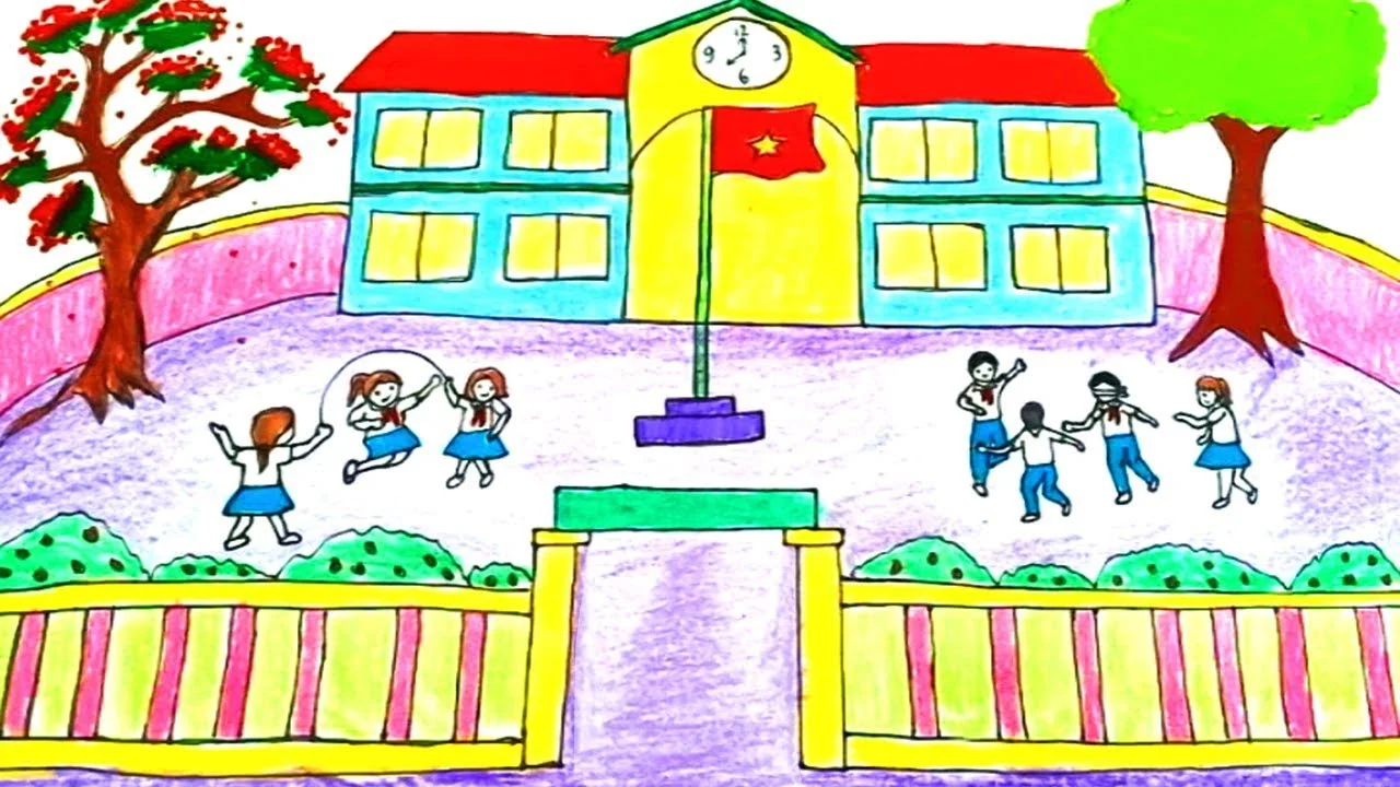 Tranh mẫu 17: Vẽ trường học đơn giản