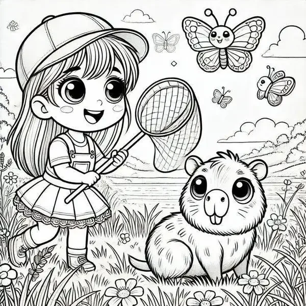 cô bé và capybara tranh tô màu đáng yêu