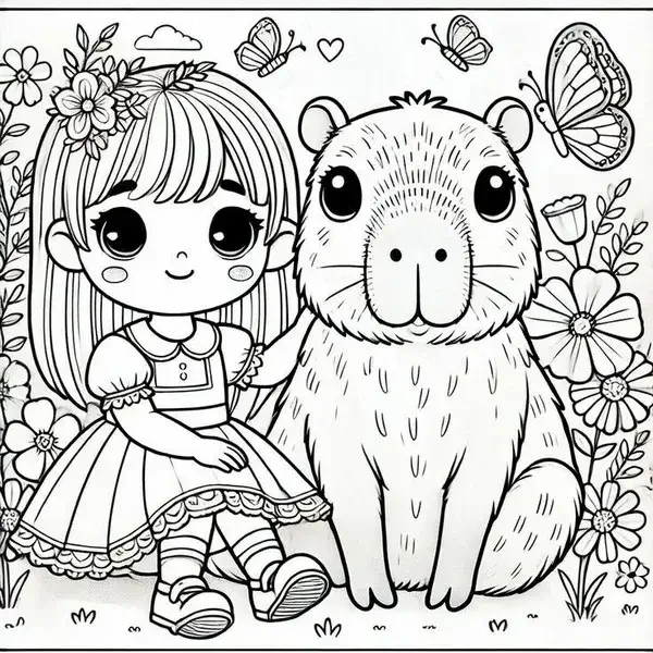 tranh tô màu capybara và cô bé giữa vườn hoa