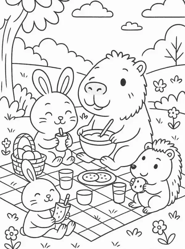 tranh tô màu capybara ăn tiệc cùng các bạn nhỏ