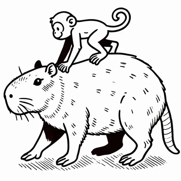 Hình tô màu Capybara và bạn khỉ con chơi dưới cầu vồng