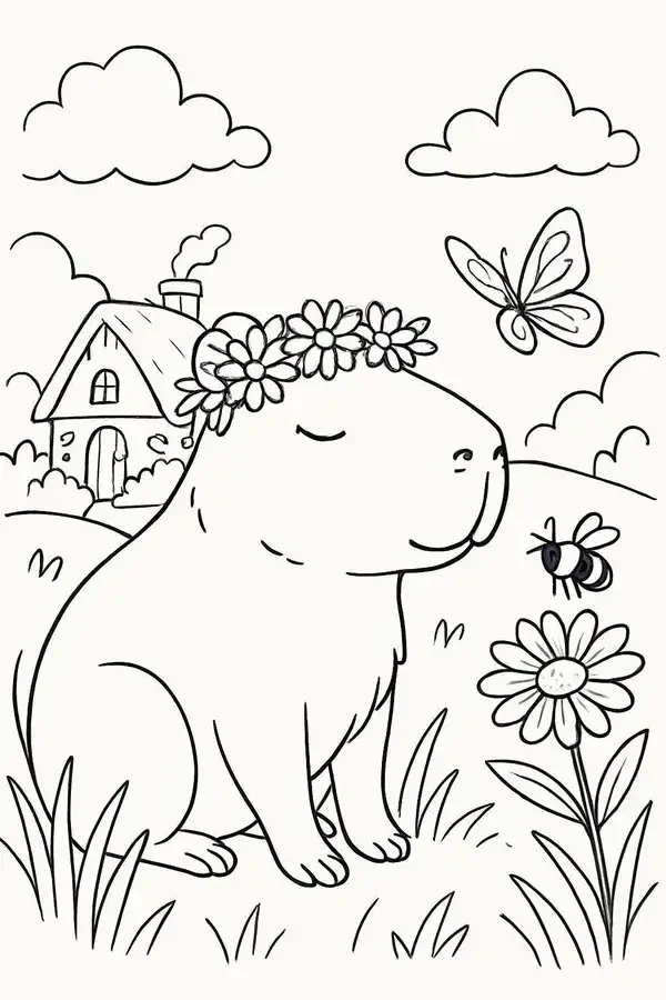 Trang tô màu Capybara vui chơi với bạn thỏ trong nắng