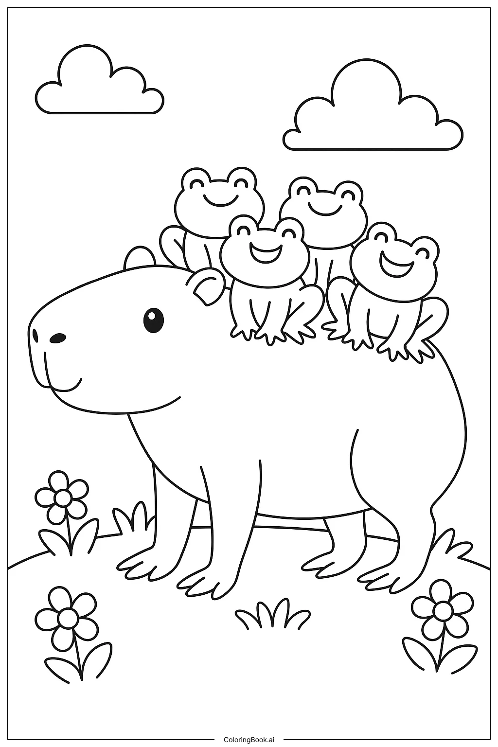 Trang Tô Màu Chuột Capybara Làm Taxi Cho Ếch (Có thể In Miễn Phí dưới định dạng PDF & PNG)
