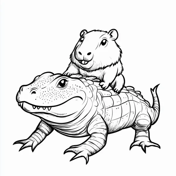 Hình vẽ tranh tô màu Capybara và bạn cá sấu cho bé 5 tuổi