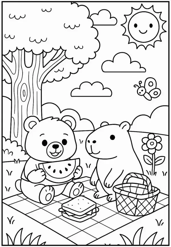 tranh tô màu capybara và gấu đi picnic