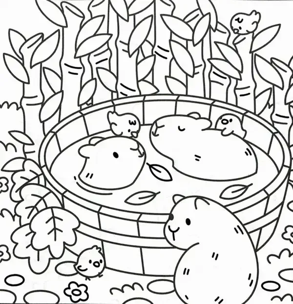 tranh tô màu capybara tắm bồn gỗ
