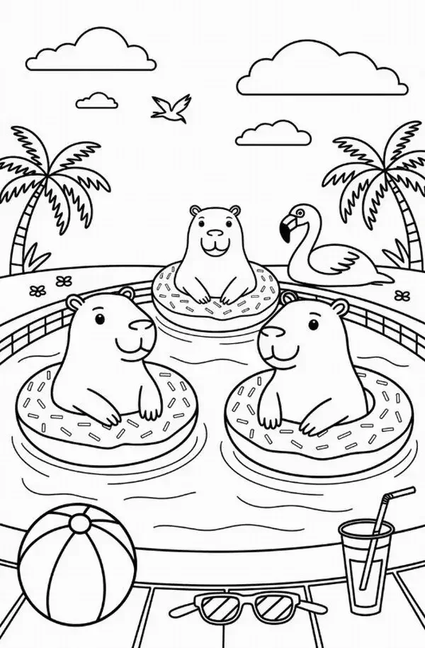 tranh tô màu capybara vui đùa trong hồ bơi