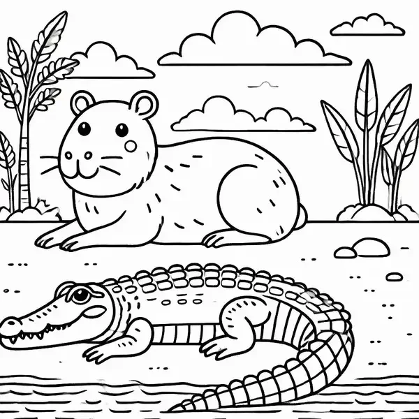 Tô màu capybara chảy nước mũi bên con cá sấu