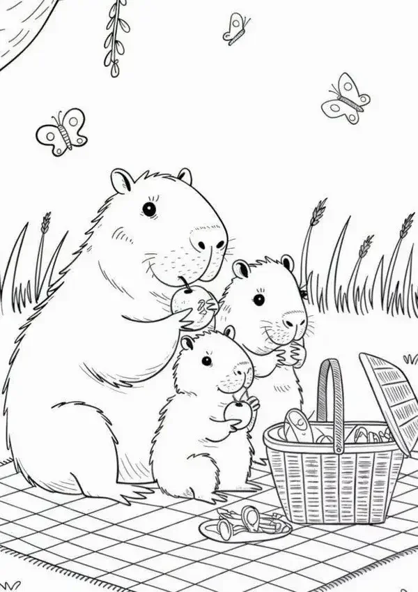 tranh tô màu gia đình capybara đi dã ngoại