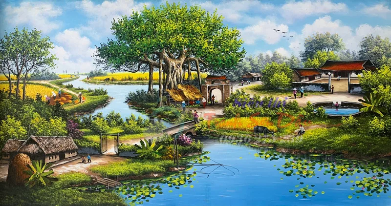 Tranh đồng quê với hình ảnh con sông, cây xanh và cầu gỗ nhỏ xinh