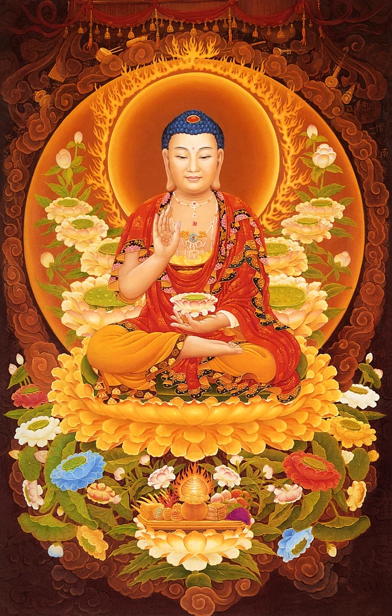 Tranh vẽ Phật A Di Đà với hào quang rực rỡ và hoa sen